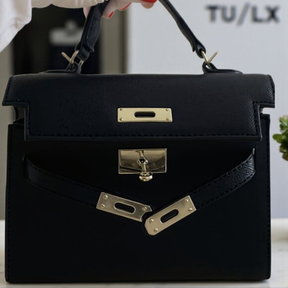 LUXE 4 LESS: Black Top-Handle Crossbody Bag Kelly Style (Vegan Leather) - Picture 3 of 3